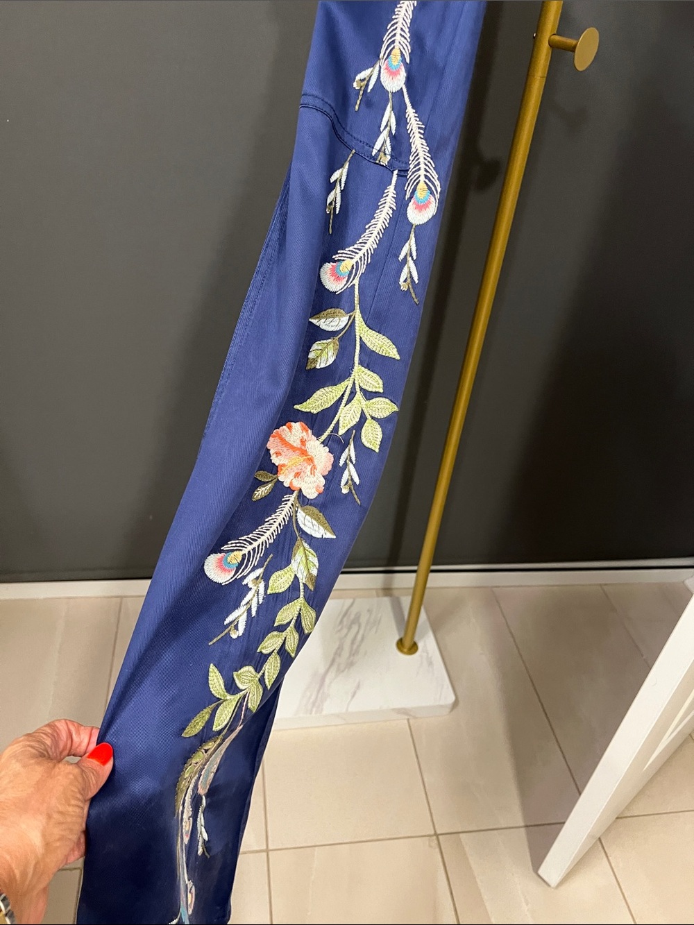 Johnny Was Navy Flare Jeans with Multicolor Floral Embroidery